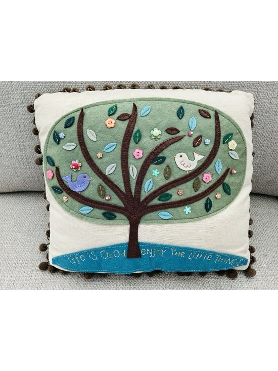 Unbranded Other - Whimsical Bird Tree Applique Throw Pillow Life Is Good 12x10 Pom Trim